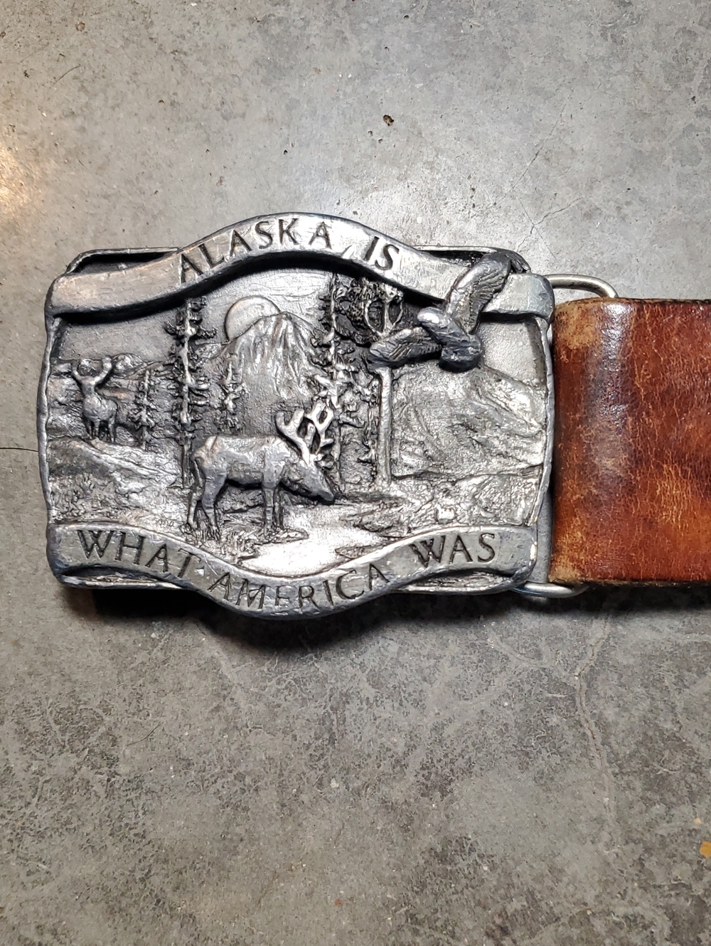 Alaska Is What America Was - 1981 Scenic Silver Metal Buckle Brown Leather Belt